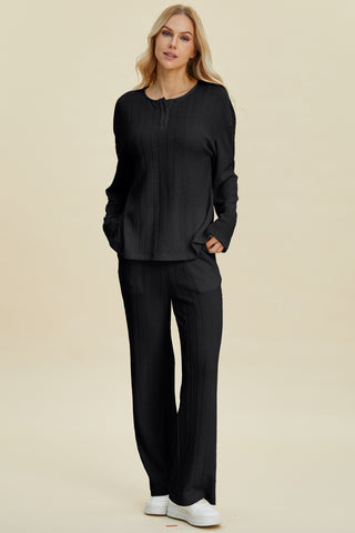 Double Take Full Size Cable-Knit Long Sleeve Top and Pants Set Trendsi