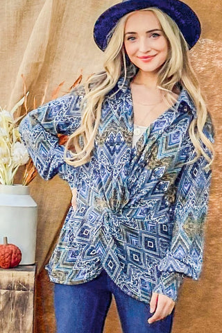 And The Why Print Twist Knot Long Sleeve Blouse Trendsi