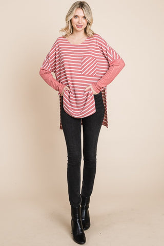 Culture Code Oversize Striped Round Neck Long Sleeve Slit T-Shirt Trendsi