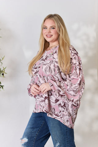 Heimish Full Size Floral V-Neck Balloon Sleeve Blouse Trendsi