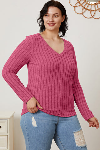 Basic Bae Full Size Ribbed V-Neck Long Sleeve T-Shirt Trendsi