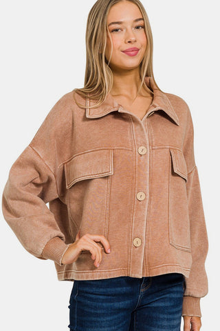 Zenana Wash Fleece Front Pocket Button Up Shacket Trendsi