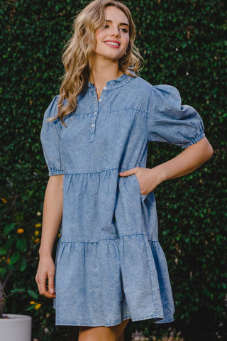 ODDI Washed Tiered Mini Denim Dress Trendsi