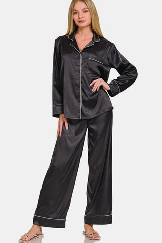 Zenana Satin Long Sleeve Shirt and Pants Pajama Set Trendsi