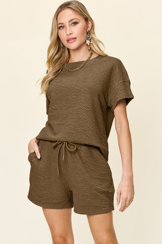 Double Take Full Size Texture Short Sleeve T-Shirt and Drawstring Shorts Set Trendsi