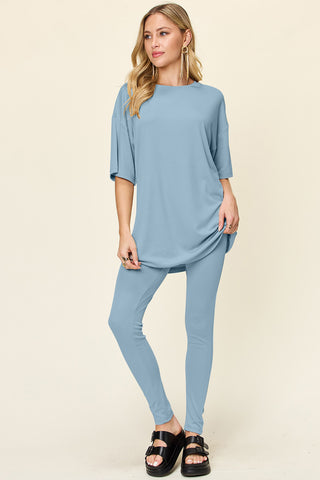 Double Take Full Size Round Neck Dropped Shoulder T-Shirt and Leggings Set Trendsi