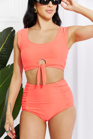 Marina West Swim Sanibel Crop Swim Top and Ruched Bottoms Set in Coral Trendsi