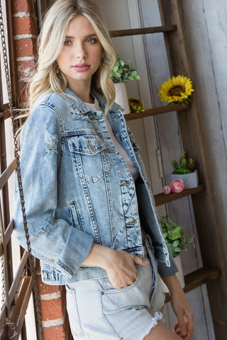 Veveret Distressed Button Up Denim Jacket Trendsi