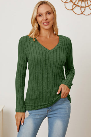 Basic Bae Full Size Ribbed V-Neck Long Sleeve T-Shirt Trendsi