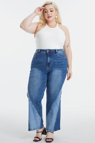 BAYEAS Full Size High Waist Two-Tones Patched Wide Leg Jeans Trendsi