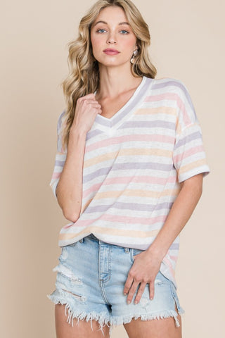 BOMBOM Striped V-Neck Short Sleeve T-Shirt Trendsi