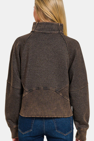 Zenana Acid Washed Half Zip Fleece Sweatshirt Trendsi