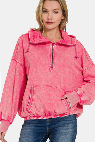 Zenana Drawstring Half Zip Dropped Shoulder Hoodie Trendsi