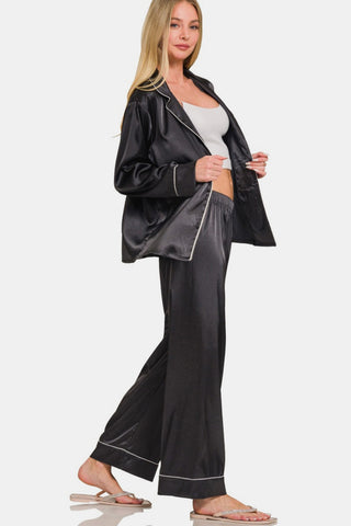 Zenana Satin Long Sleeve Shirt and Pants Pajama Set Trendsi