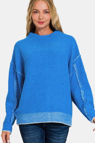 Zenana Exposed Seam Mock Neck Long Sleeve Sweater Trendsi