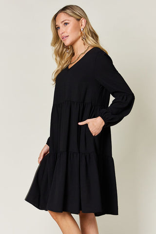 Double Take Full Size V-Neck Balloon Sleeve Tiered Dress with Pockets Trendsi