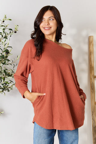 BOMBOM Drop Shoulder Long Sleeve Blouse with Pockets Trendsi