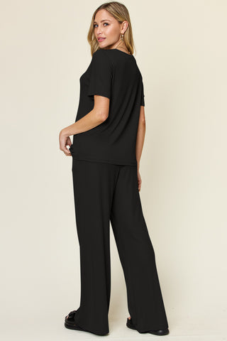 Double Take Full Size Round Neck Short Sleeve T-Shirt and Wide Leg Pants Set Trendsi