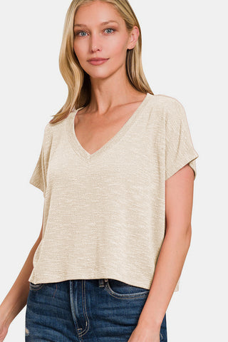 Zenana V-Neck Short Sleeve Crop T-Shirt Trendsi