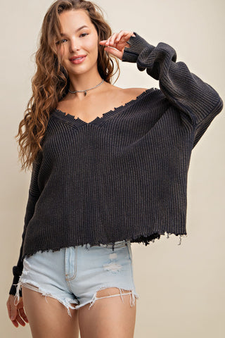 Kori America Distressed V-Neck Sweater Trendsi