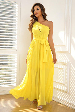 Cutout One-Shoulder Tie Waist Dress Trendsi