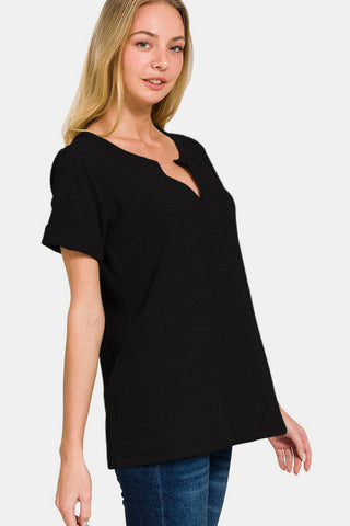 Zenana Notched Short Sleeve Waffle T-Shirt Trendsi