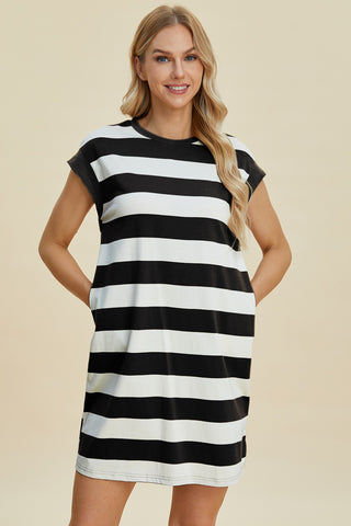 Basic Bae Full Size Striped Round Neck Cap Sleeve Mini Dress Trendsi