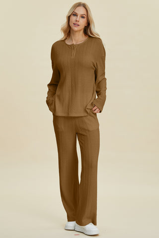 Double Take Full Size Cable-Knit Long Sleeve Top and Pants Set Trendsi