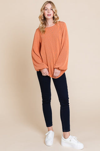 BOMBOM Long Sleeve Curved Hem Ribbed T-Shirt Trendsi