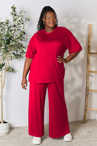 Double Take Full Size Round Neck Slit Top and Pants Set Trendsi