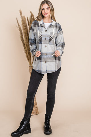 Reborn J Plaid Button Up Drawstring Hooded Jacket Trendsi