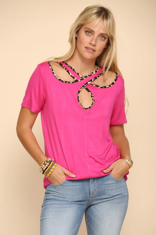 Celeste Full Size Crisscross Cutout Leopard Contrast Trim T-Shirt Trendsi