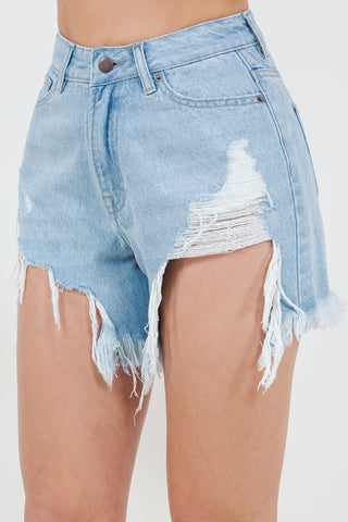 American Bazi High Waist Fringed Hem Denim Shorts Trendsi