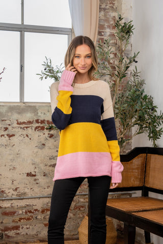 Sew In Love Full Size Color Block Exposed Seam Sweater Trendsi