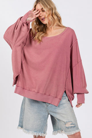 SAGE + FIG Mineral Wash Side Slit Oversized Sweatshirt Trendsi