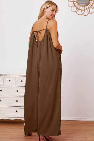 Double Take Full Size Ruffle Trim Tie Back Cami Jumpsuit with Pockets Trendsi