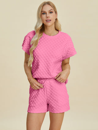 Double Take Full Size Texture T-Shirt and Shorts Set Trendsi