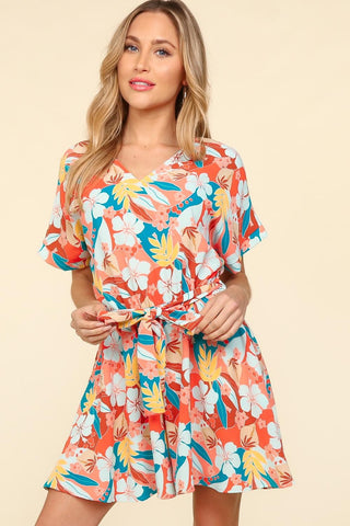 Haptics Tropical Floral Short Sleeve Tied Romper Trendsi