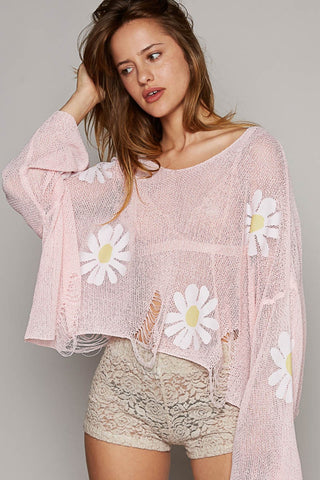 POL Long Sleeve Distressed Flower Patches Knit Top Trendsi