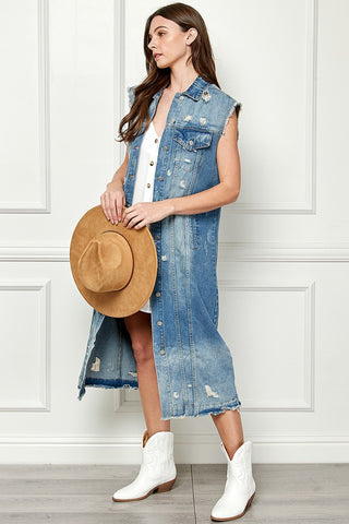 Veveret Full Size Distressed Sleeveless Longline Denim Jacket Trendsi