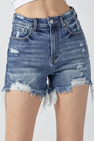 RISEN High Rise Distressed Denim Shorts Trendsi