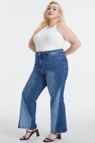 BAYEAS Full Size High Waist Two-Tones Patched Wide Leg Jeans Trendsi