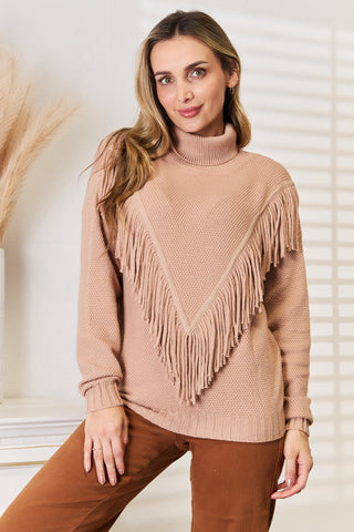 Woven Right Turtleneck Fringe Front Long Sleeve Sweater Trendsi