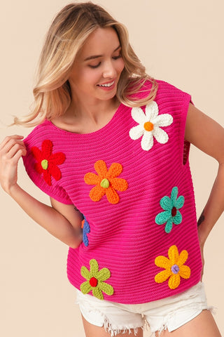 BiBi Flower Round Neck Cap Sleeve Knit Top Trendsi