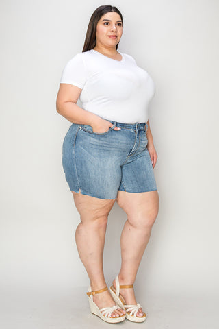 Judy Blue Full Size High Waist Raw Hem Denim Shorts Trendsi