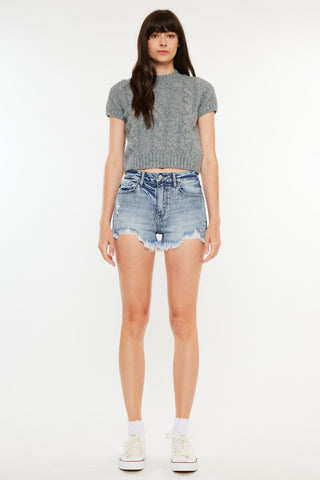 Kancan High Rise Frayed Hem Denim Shorts Trendsi