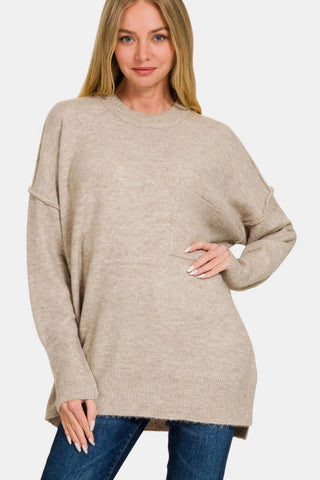 Zenana High-Low Hem Drop Shoulder Sweater Trendsi