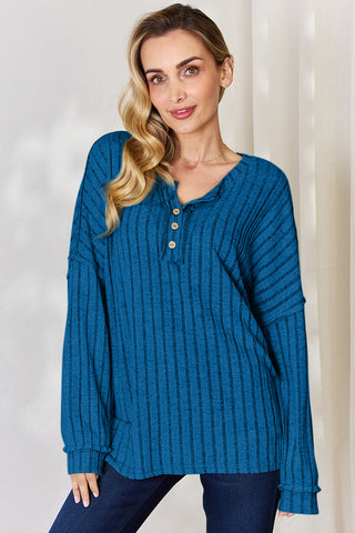 Basic Bae Full Size Ribbed Half Button Long Sleeve T-Shirt Trendsi