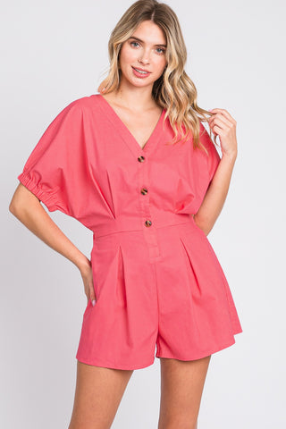 GeeGee Half Button V-Neck Linen Romper Trendsi