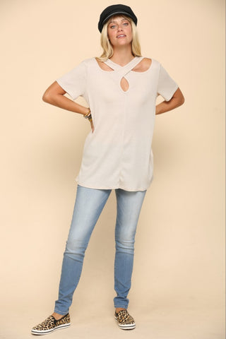 Celeste Full Size Crisscross Cutout Short Sleeve T-Shirt Trendsi